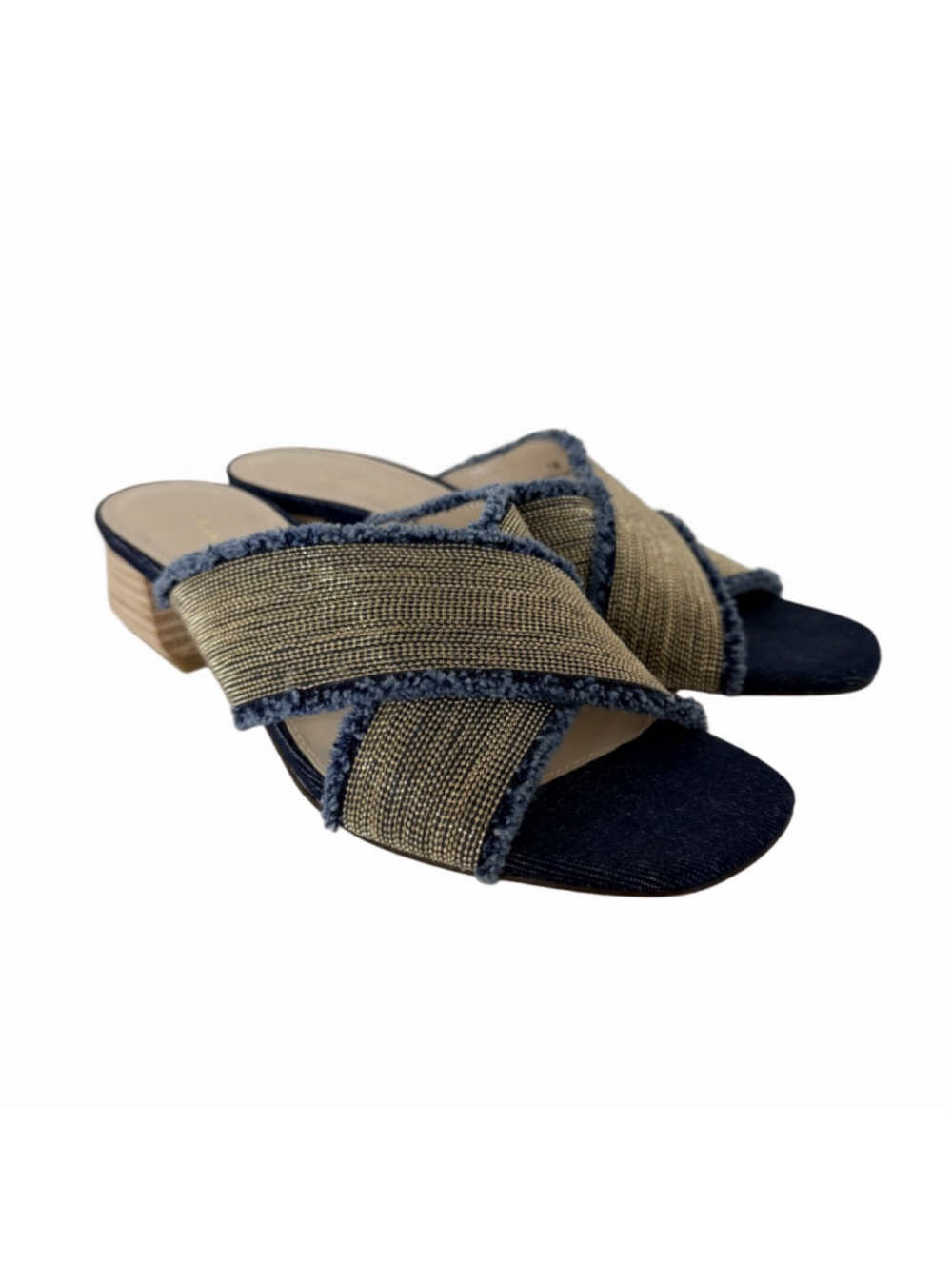 PELLE MODA Tash Chain Slide Blue Denim Block Heel Sandals Women's Size 7.5